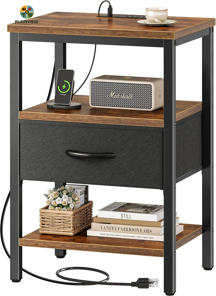 Nightstand with Charging Station, Bed Side Table with Adjustable Fabric Drawer,