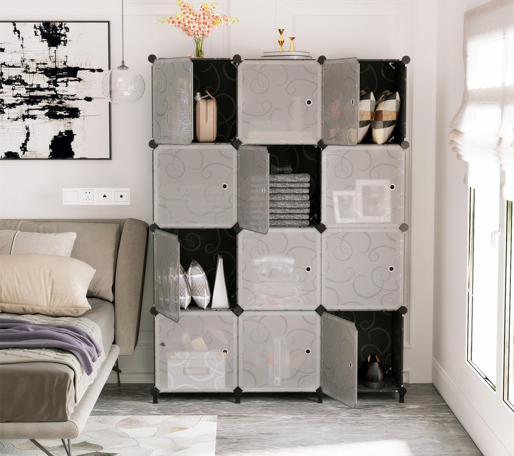 12 Cube Storage Organizer with Doors, DIY Plastic Closet Shelf, Modular Books...