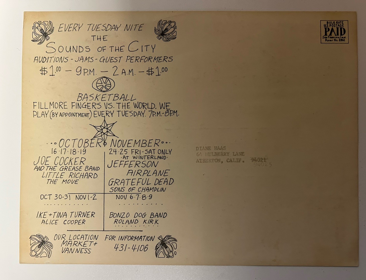 1969-FILLMORE BG-195/196 DOUBLE POSTCARD-MAILED-RANDY TUTEN/DAVID SINGER