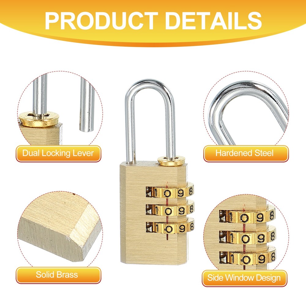 Brass Combination Lock 2.1", 3 Digit Resettable Combination Padlock Gold