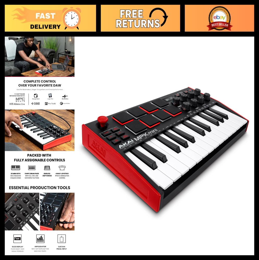 25-Key USB MIDI Keyboard Controller with 8 Backlit Drum Pads & Knobs, Music Soft