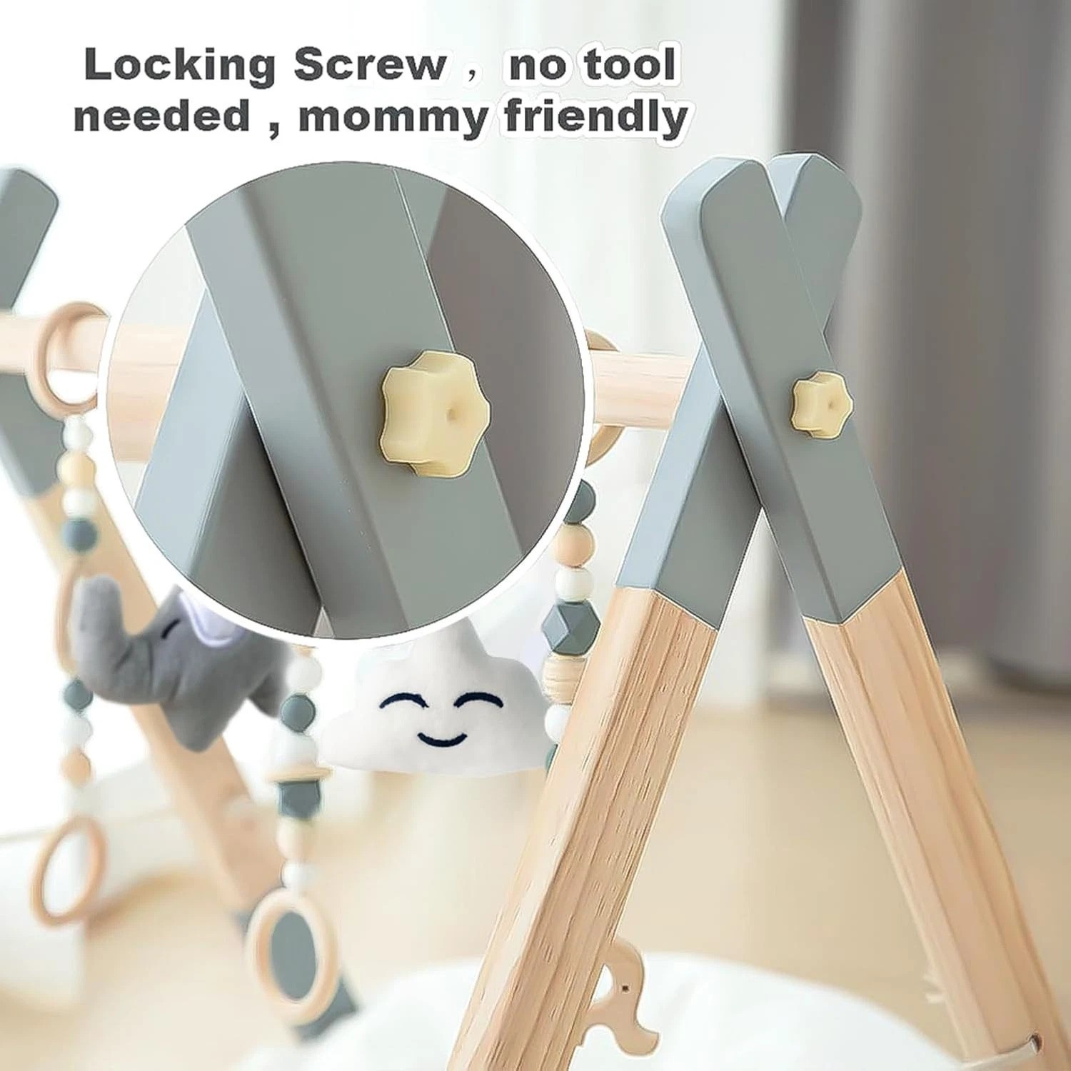 Natural Wooden Baby Play Gym: Foldable Activity Frame with 5 Stimulating Toys