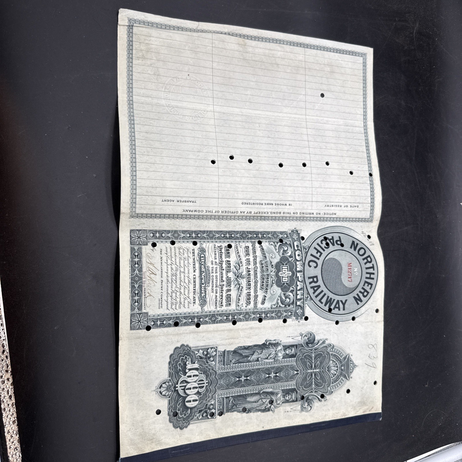 Northern Pacific Railway Co. 1897 dated $1,000 Railroad Gold Bond Gorgeous