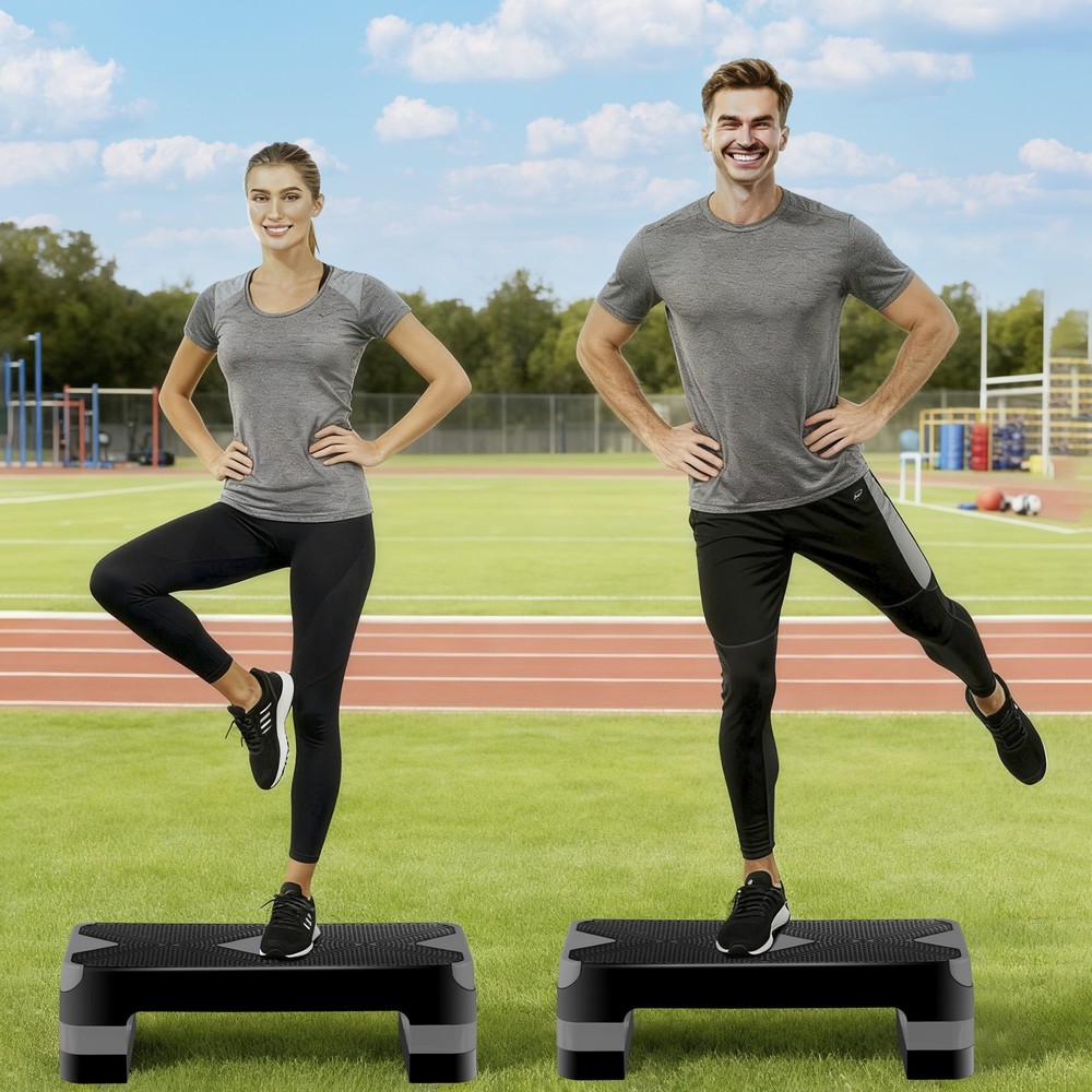 Aerobic Step Platform Exercise Step Adjustable Height 4"-6''-8' w/4 Risers Grey
