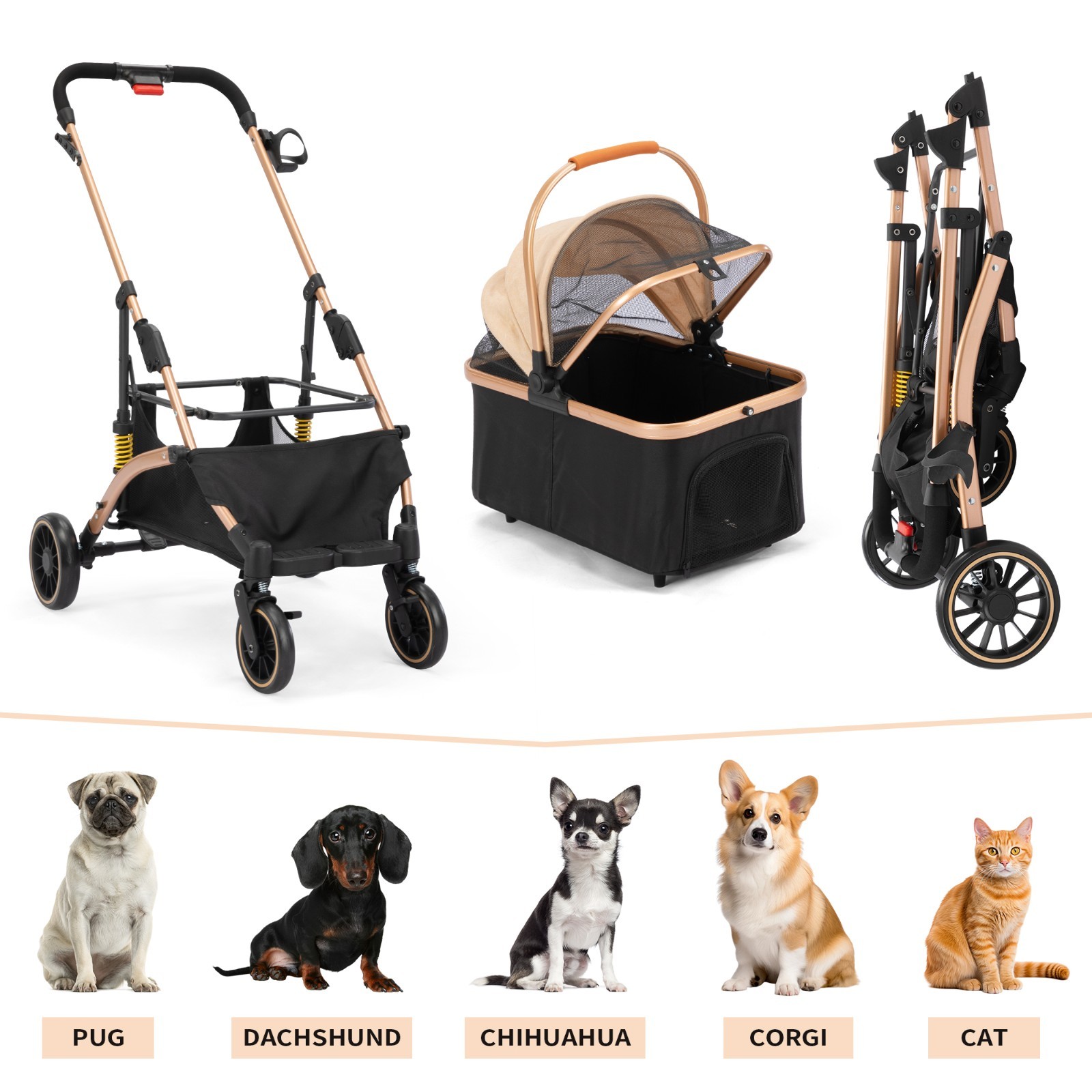 3-in-1 Foldable 4-Wheel Dog Pet Stroller Lightweight with Basket & Cup Holder