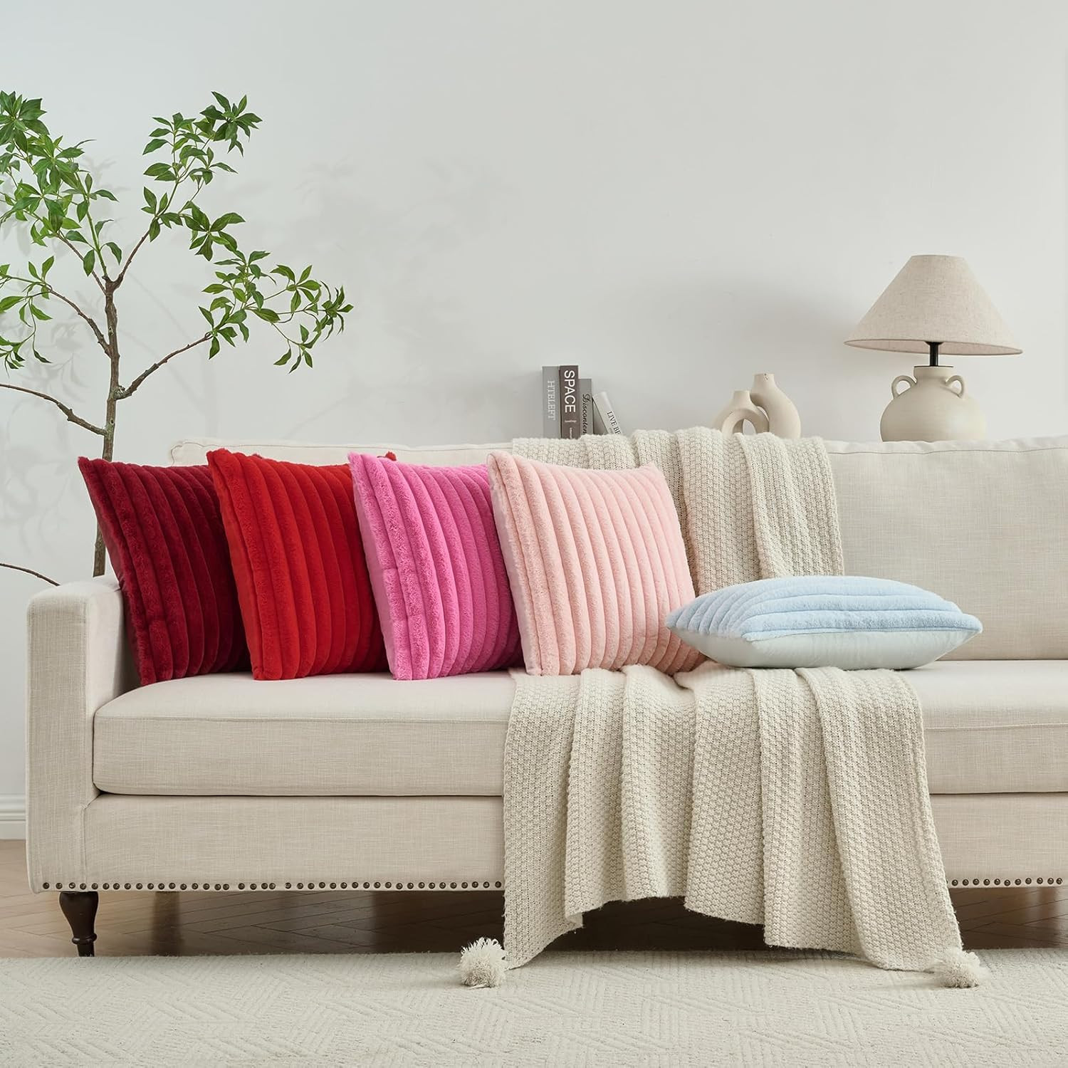 Cream White Throw Pillow Covers Set of 2, 18x18 Inch Soft Faux Rabbit Fur Stripe