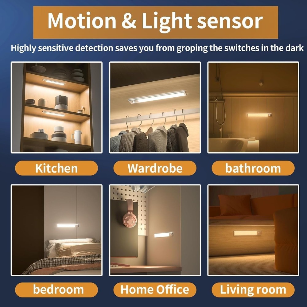 76 LED Motion Sensor Light, 2 Pack USB Rechargeable under Cabinet Lights
