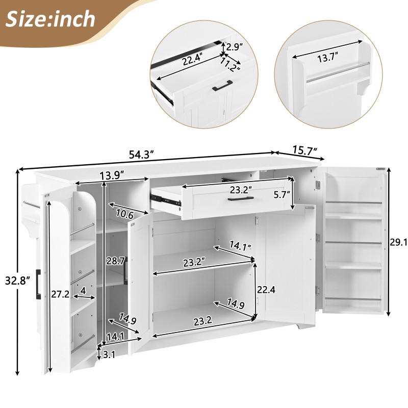 Fluted Buffet Sideboard Cabinet with Storage, Adjustable Shelves, Modern White