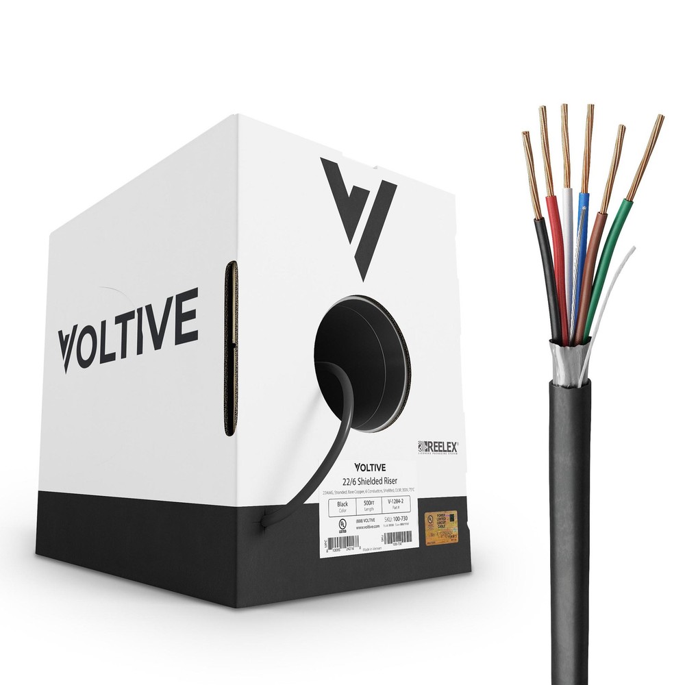 Voltive 22/6 Shielded Low Voltage Wire, Riser CL3R, Black, 500ft