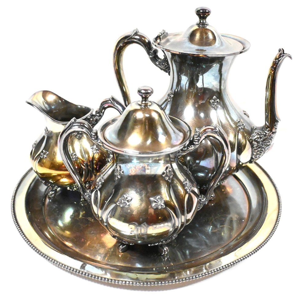 ANTIQUE QUEEN CITY SILVER 4-PC COFFEE TEA SERVICE SET Silverplate Fleur-de-lis