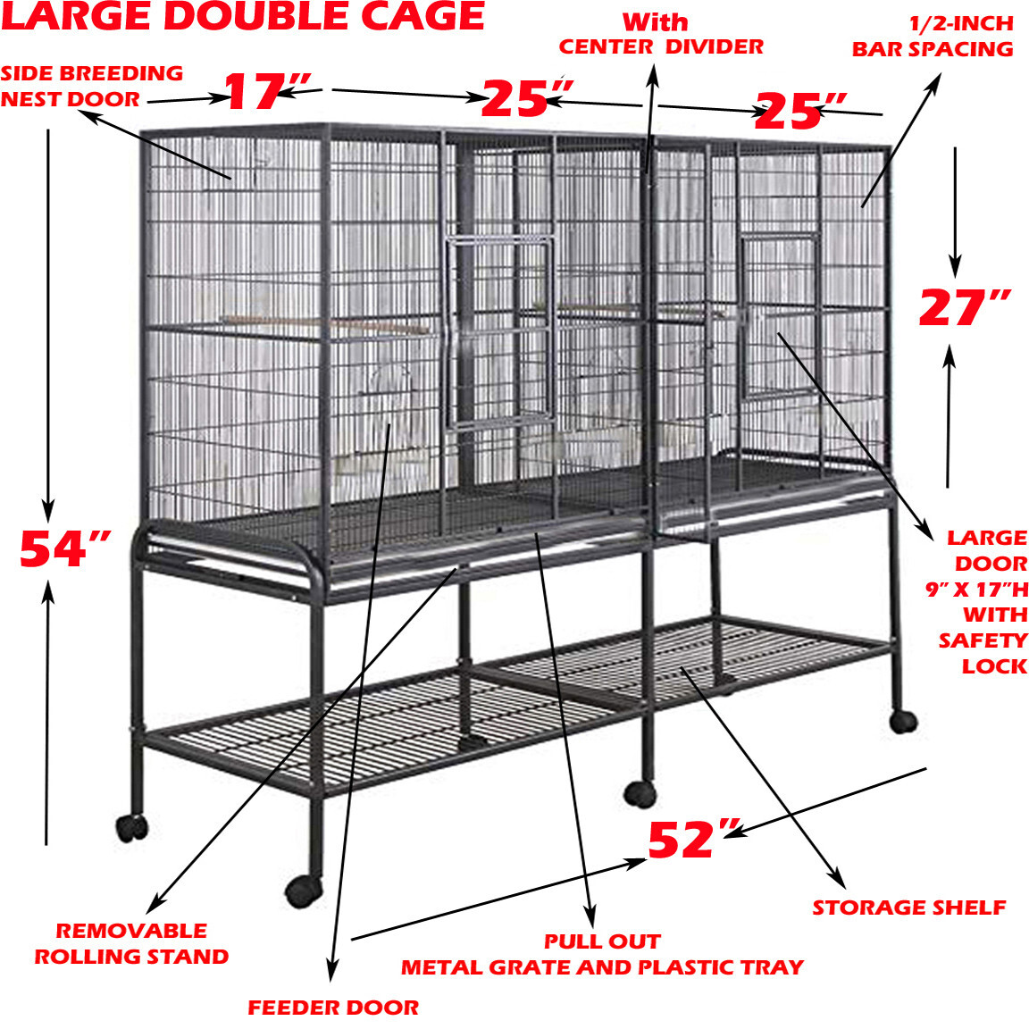 DOUBLE LARGE Flight Birds Treehouse Center Divider Rolling Cage Storage Shelf