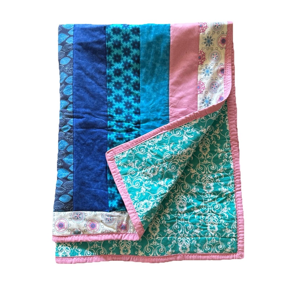 Handmade Patchwork Quilt Throw Multicolor Blue Pink Reversible Cotton Blanket