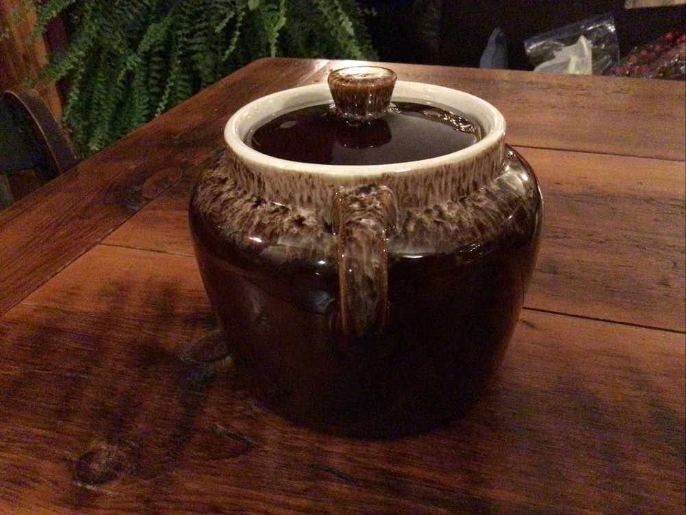 Rubel Bean Pot, Brown Drip Glaze Two Handled Pot + Lid, Rustic Stoneware