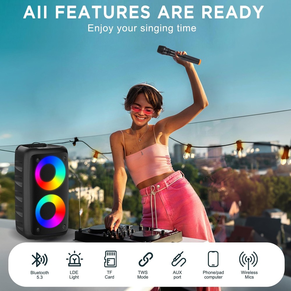 Bluetooth Speaker,Karaoke Speaker with 1 Wireless Microphone and 1 Wired Mic,...