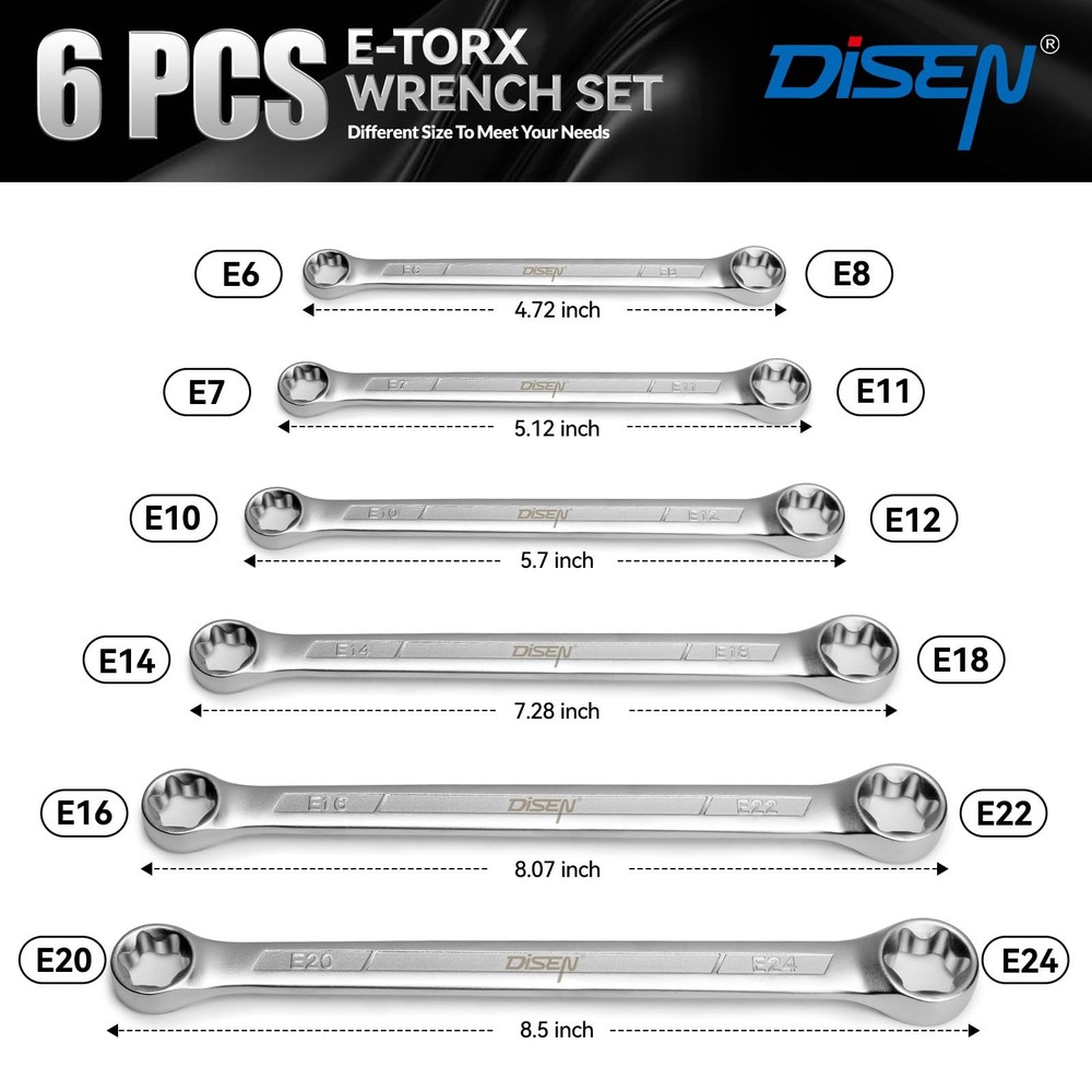 DISEN 6-Piece E-Torx Wrench Set, Double Box End E-type 6pcs kit, Silver