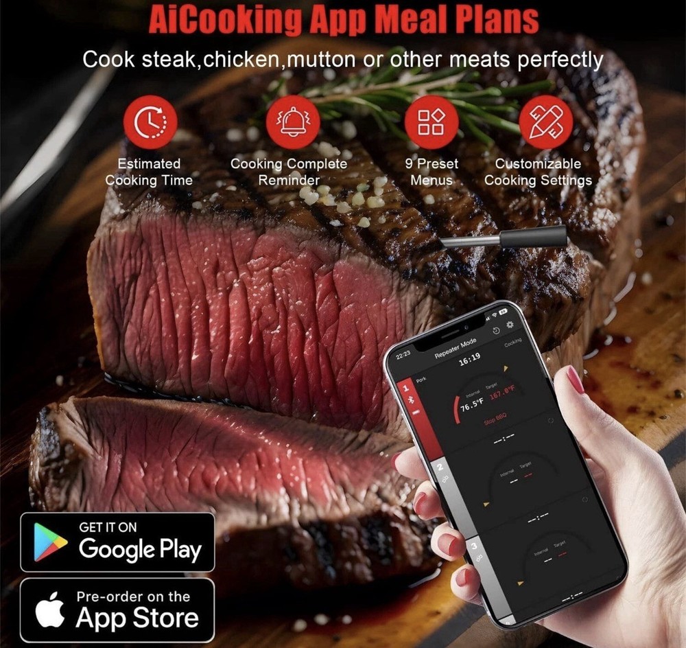 Smart Meat Thermometer with Bluetooth &165ft Wireless Range PROBE TEMP