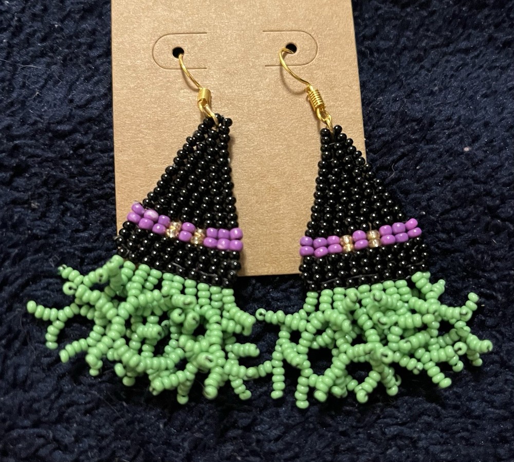 Handmade, Seed Bead, “Witch’s Hat”, Halloween Earrings