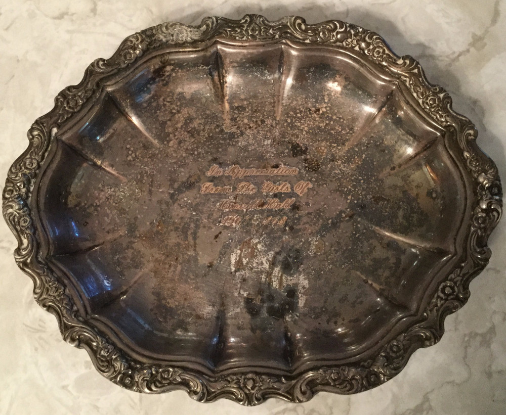 Silver Plate Dish Inscribed In Appreciation from The Girls Harvill Hall '67-'68