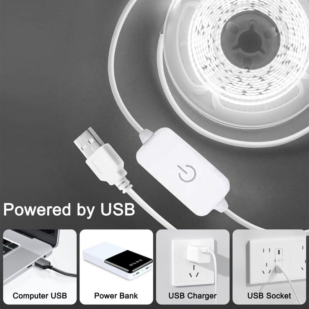 COB LED Strip Light, TV LED Backlight, 6.56ft USB Flexible, Cuttable, Dimmabl...