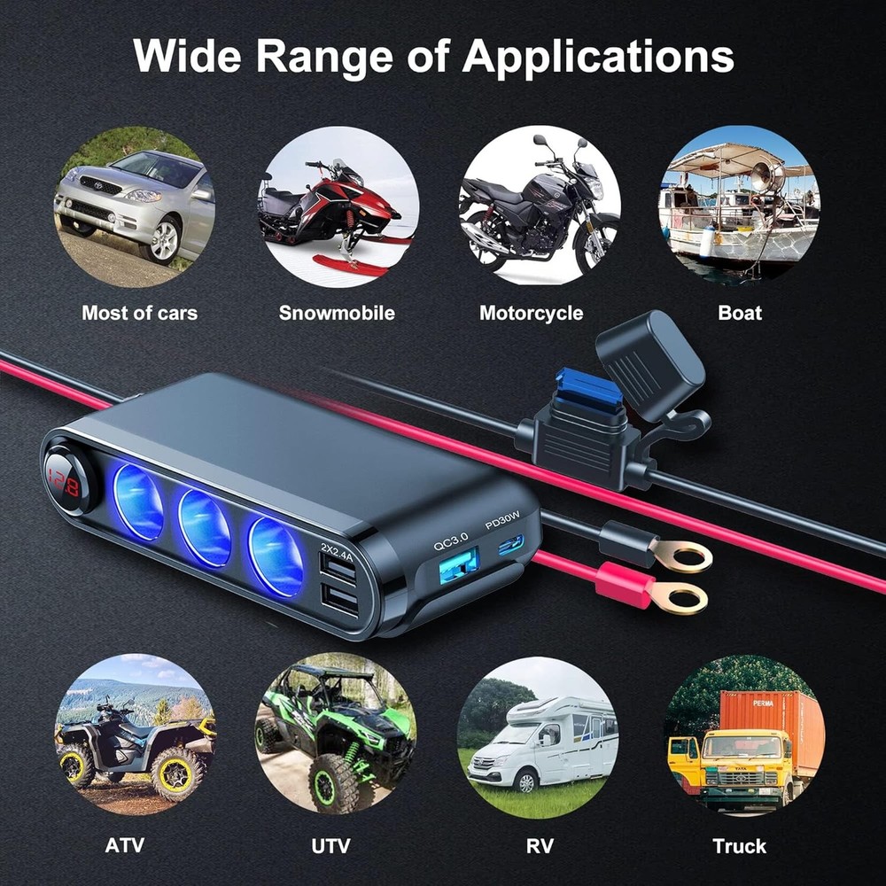 12V Cigarette Lighter Socket Splitter, 200W Triple-Port Car Adapter