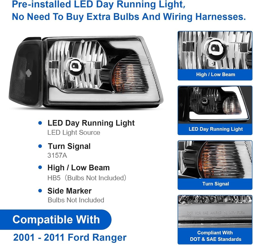 Black LED Headlight Ford Ranger 2001-2011 DRL