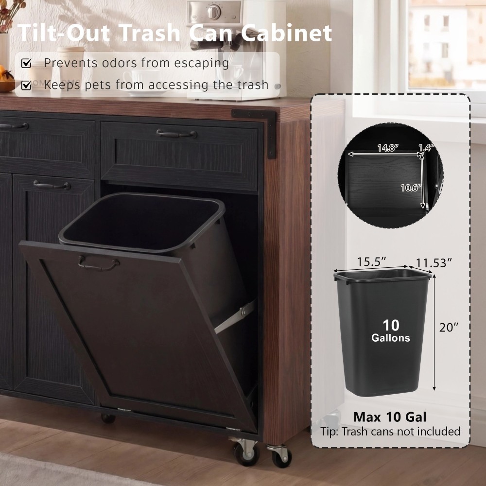 Rolling Kitchen Island with Extendable Dining Table Concealed Trash Storage