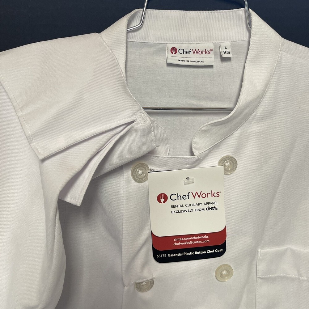 Chef Works Unisex Essential Plastic Button Le Mans Coat White Large Regular NEW