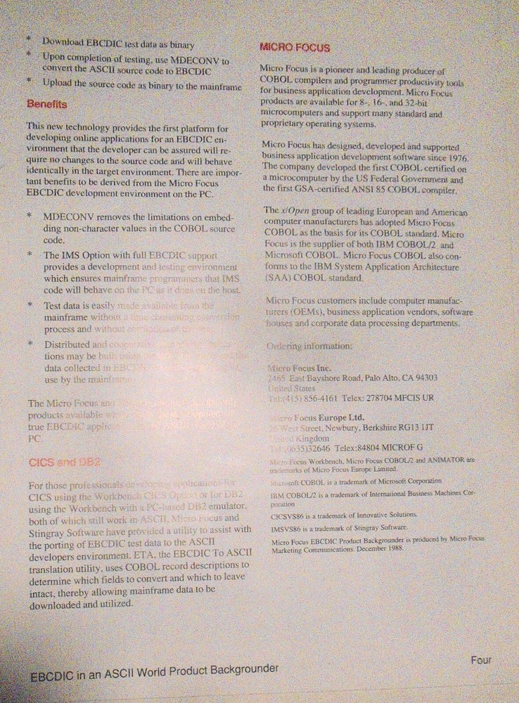 Micro Focus COBOL - 4 Brochures, 1989: Dialog System, 370 Assembler, Data Tools