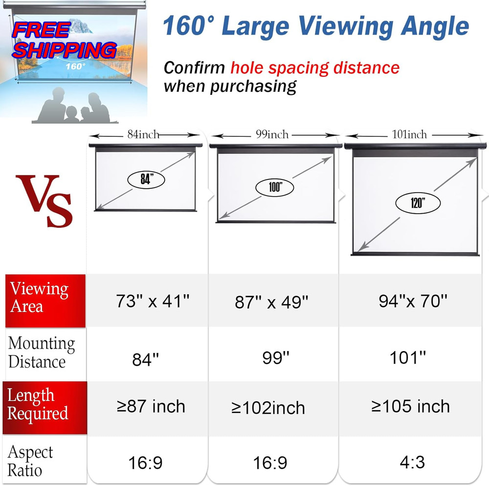 120 Inch Projector Screen Motorized 4:3 HD Electric Rising Screen Pull Down NEW