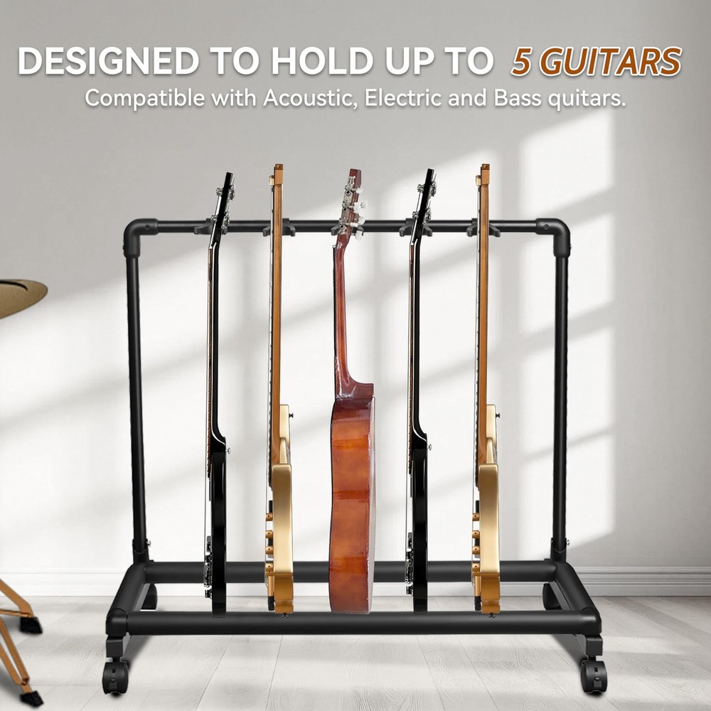 5 Multi Guitar Stand Rack with Wheels, Folding Design 5 Holder Multiple Guita...