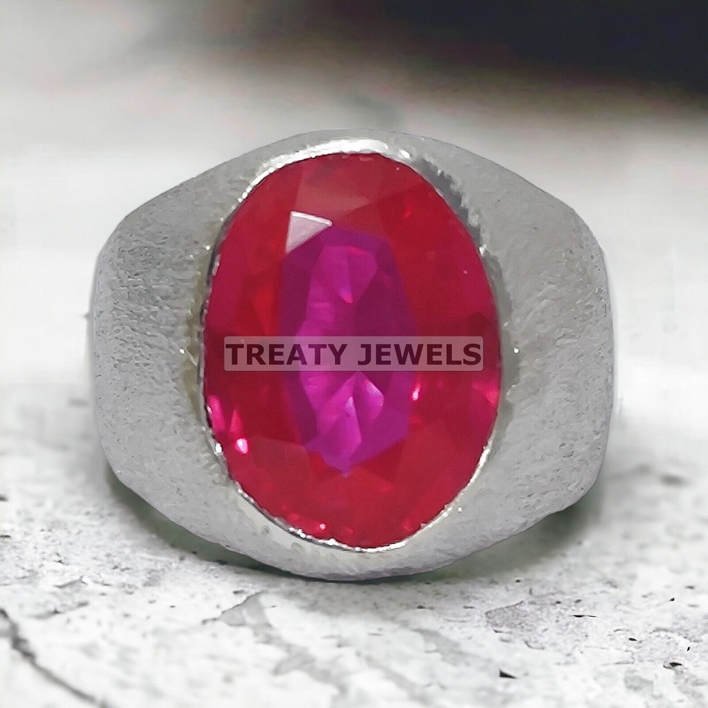 Ruby Oval Cut Gemstone With 14K Solid White Gold Ring For Men's #A17