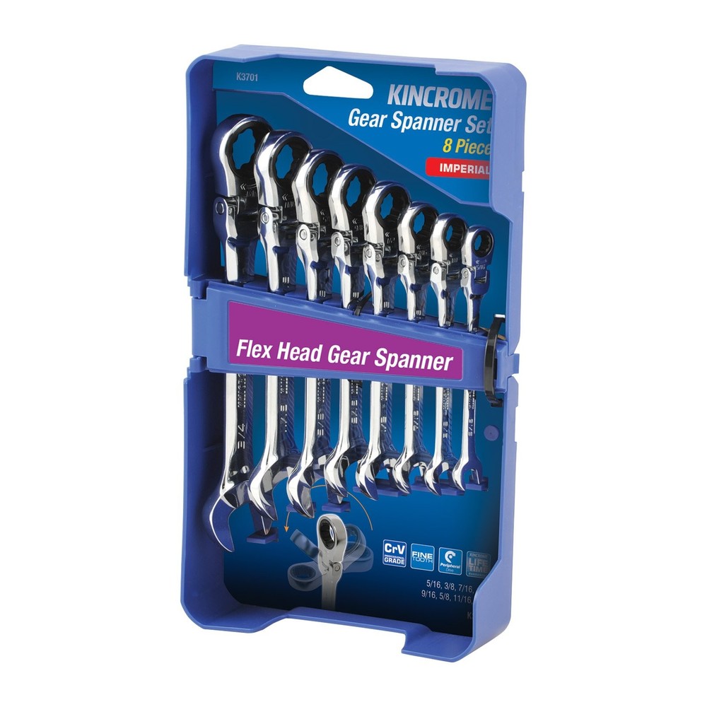 KINCROME 8 PC Combination Single Way Flex Head Gear Spanner Set IMPERIAL K3701