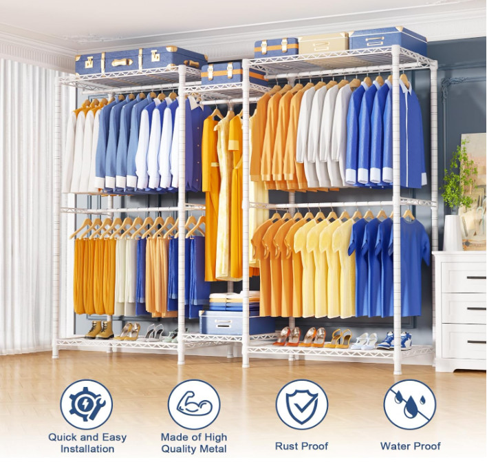 Perchero metálico con estantes, 960 lbs de carga, blanco, gran capacidad.