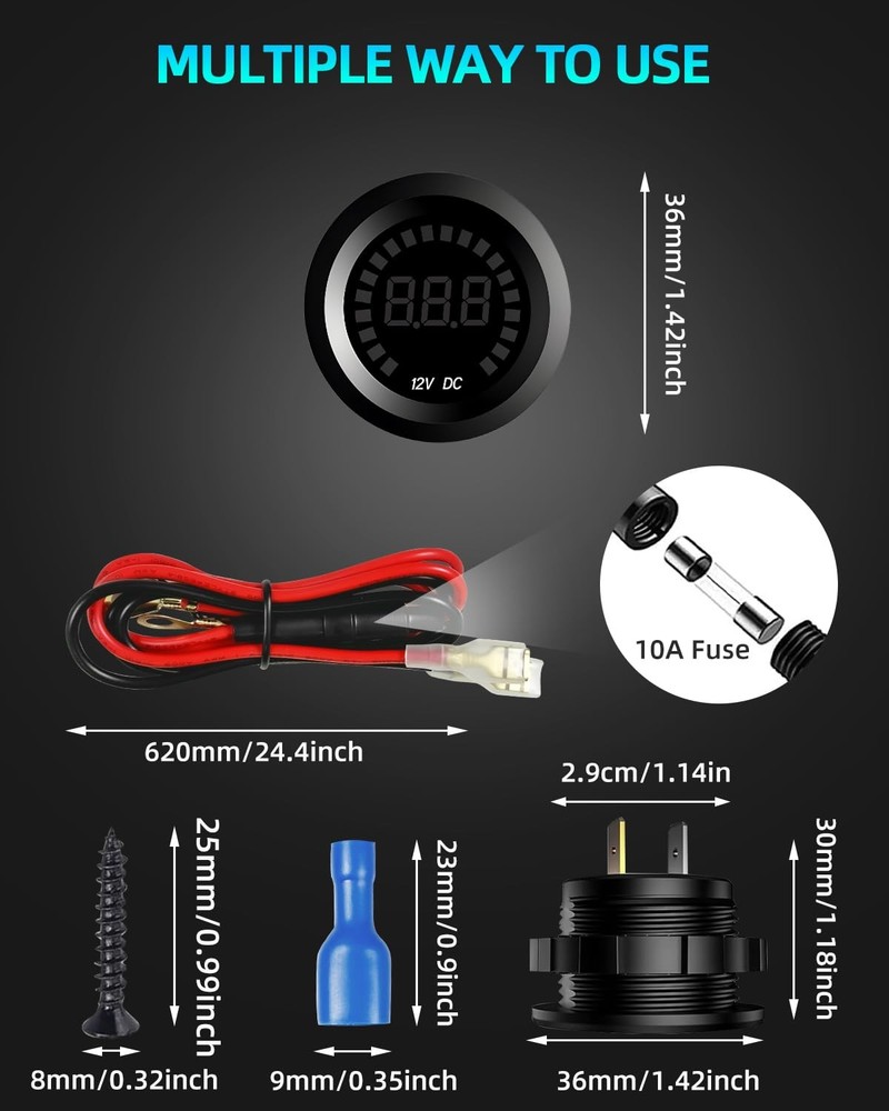 Waterproof DC 12V Voltage Meter, LED Digital Display Voltmeter 1P, With Cable
