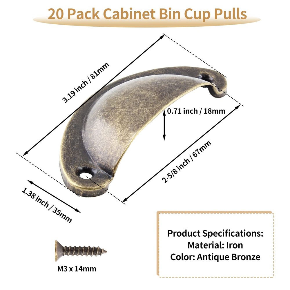 Bivethoi 20 Pack Cabinet Bin Cup Pulls Antique Bronze Half Moon Drawer