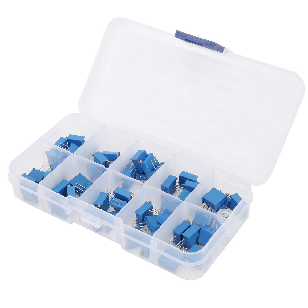 50pcs Variable Resistor 10 Values 3296W Regulating Resistance Trimmer Tool Part