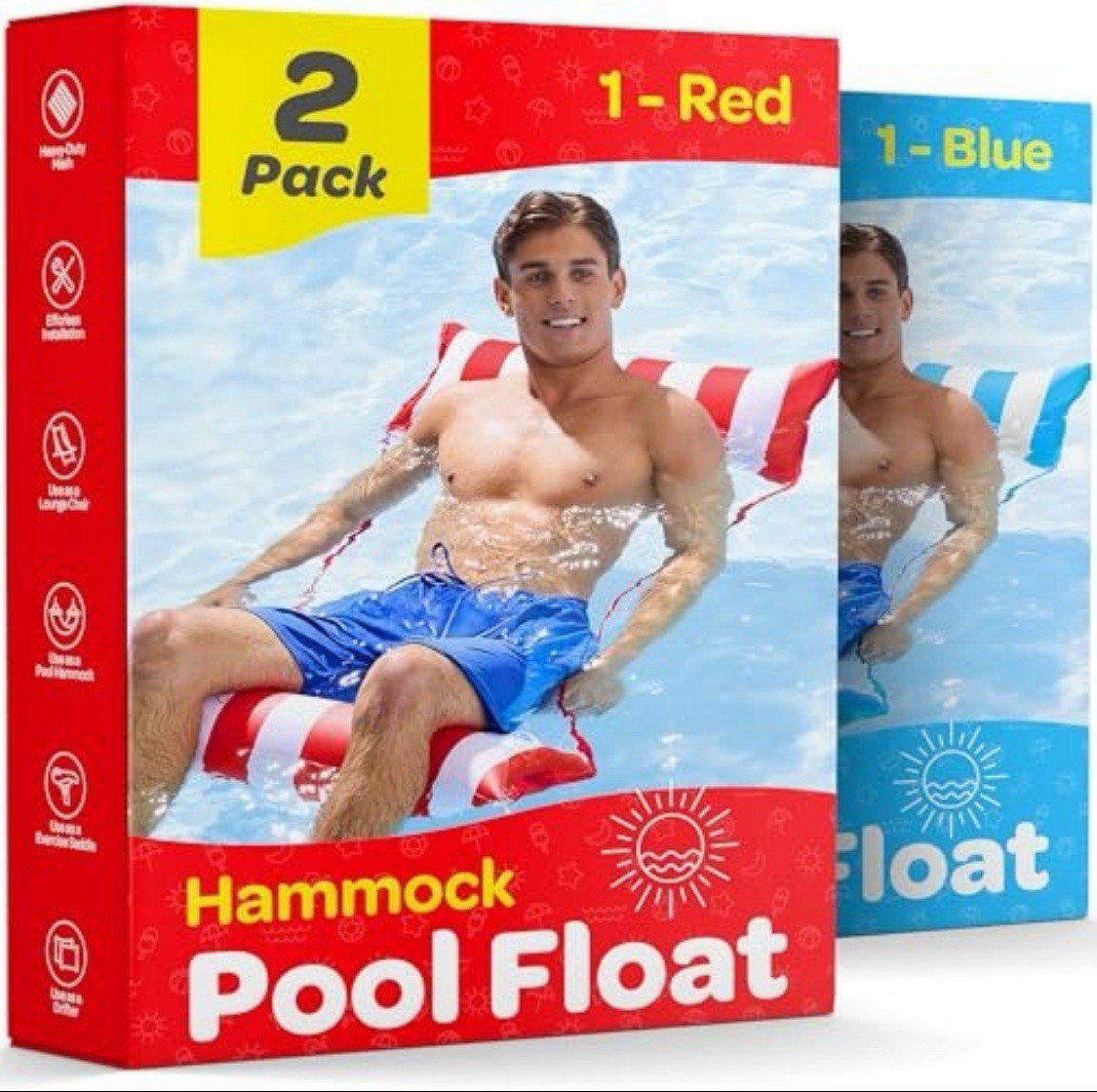 2 Pack Multi-Purpose Inflatable Hammock Pool Floats Adults Red Blue 44in X 26in