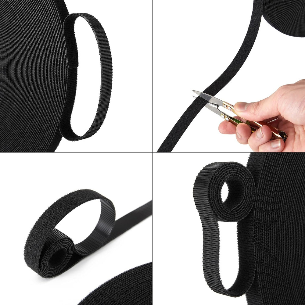 Double Sided Hook Loop Straps 1/2in x100ft Black Roll Reusable Wrap Fasteners