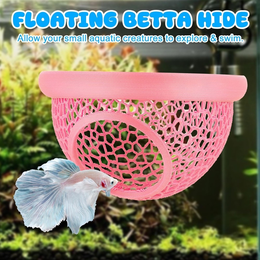 Pink Floating Betta Hide & Shrimp Cave – 3D Printed Aquarium Hammock,
