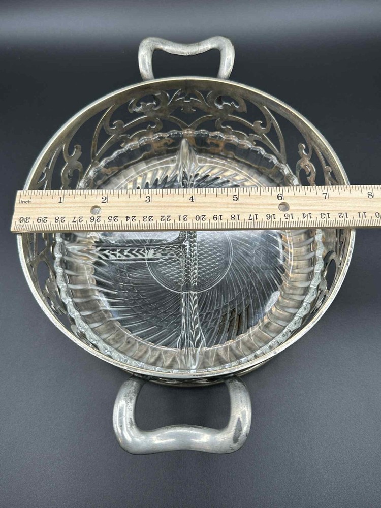 VTG Silverplate Openwork Serving Dish w/ Handles & Glass Insert Monogram MBC EP