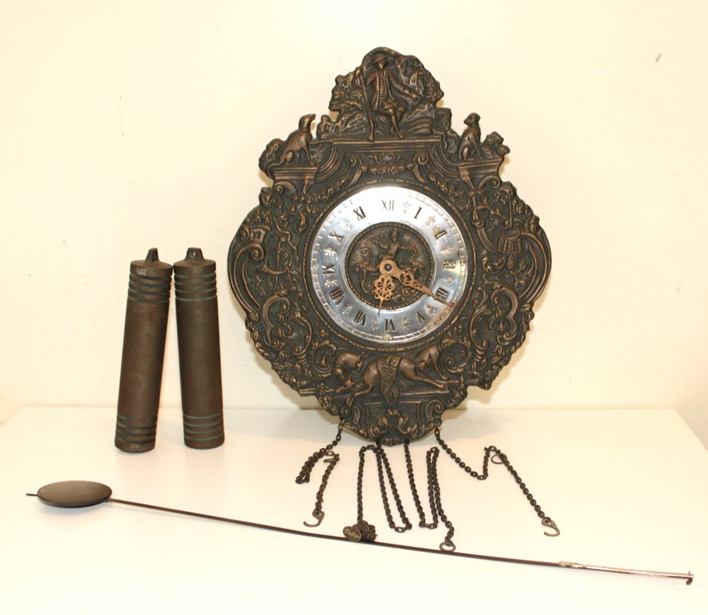 German Black Forest wall clock, Repousse Bronze Hunting Weights Pendulum