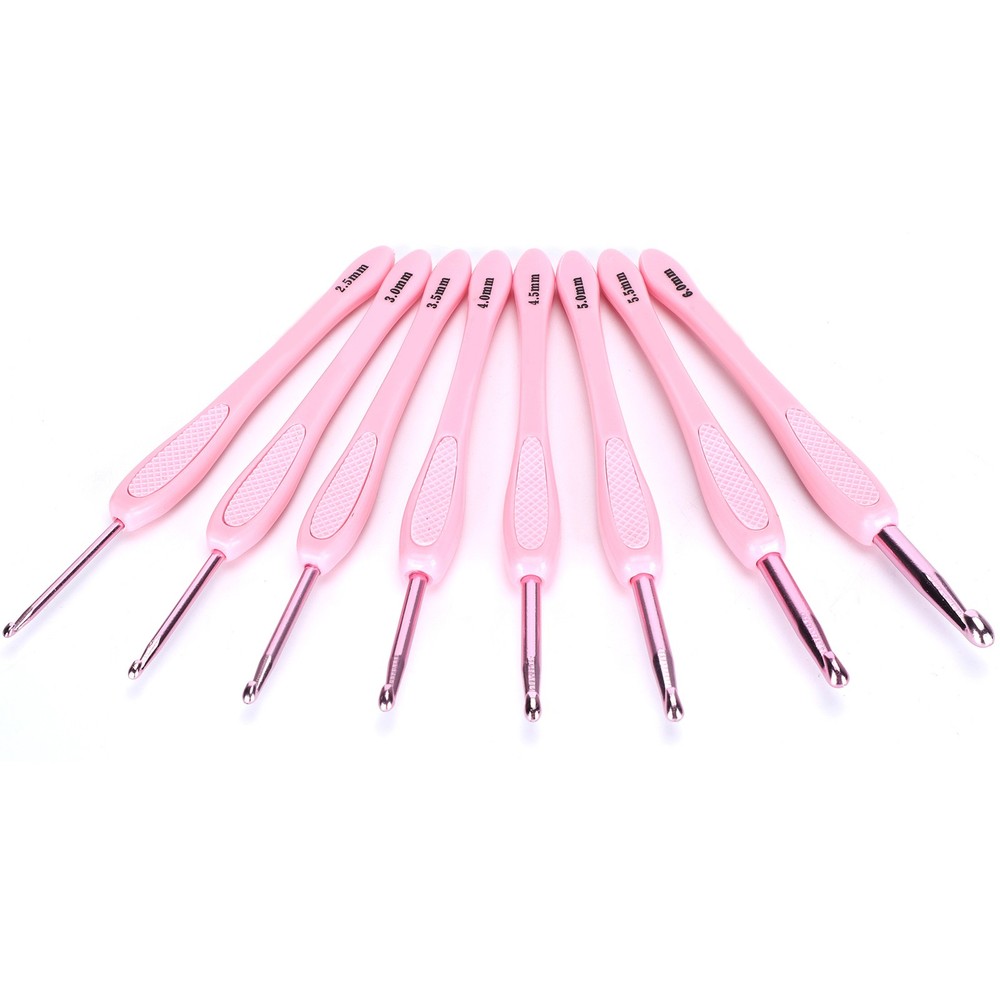 Pink 8Pcs Crochet Hook Thread Knitting Tools ABS Plastic Handle Ergonomic
