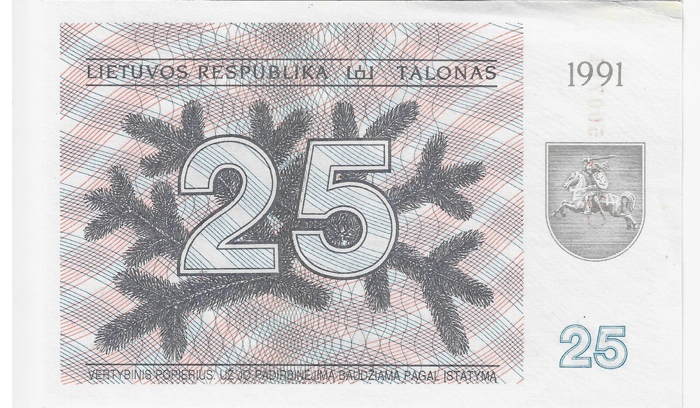 LITHUANIA 25 TALONAS 1991 PICK # 36b aUNC