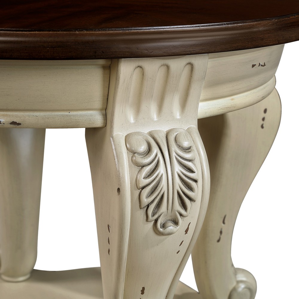 22'' Two Tone Round End Table,Solid Wood Sofa Side Table with Shelf,Living Roo