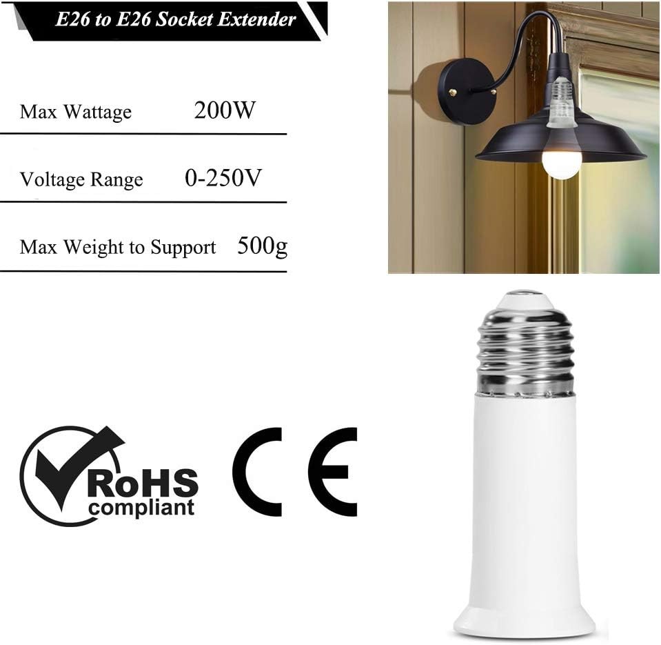 E26 Socket Extender, to Lamp Socket, 6.5CM/2.56 Inch White