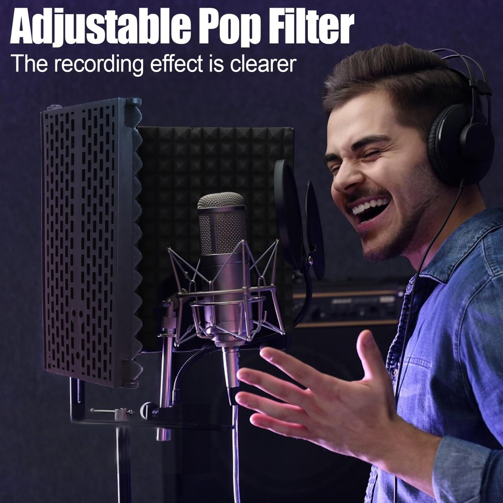 Microphone Isolation Shield, 5-Fold Adjustable Portable Reflection Filter wit...