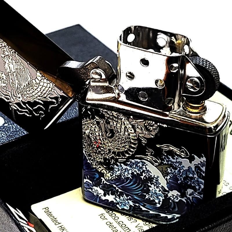 Zippo Wave Dragon Black Silver Etching One Sided Processing Lighter Regular