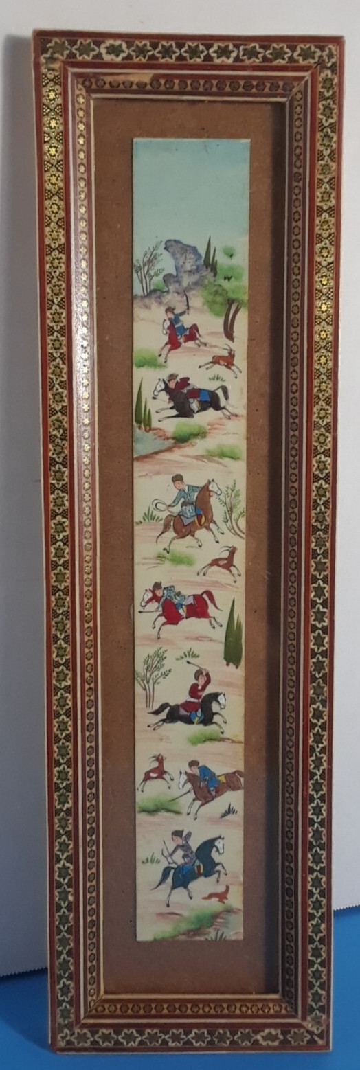 Chinese Scroll Warrior Horses Enamel and Wood Frame 19 3/8 x 5.5