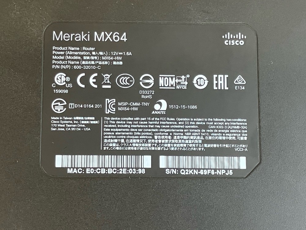 Cisco Meraki MX64-HW Router