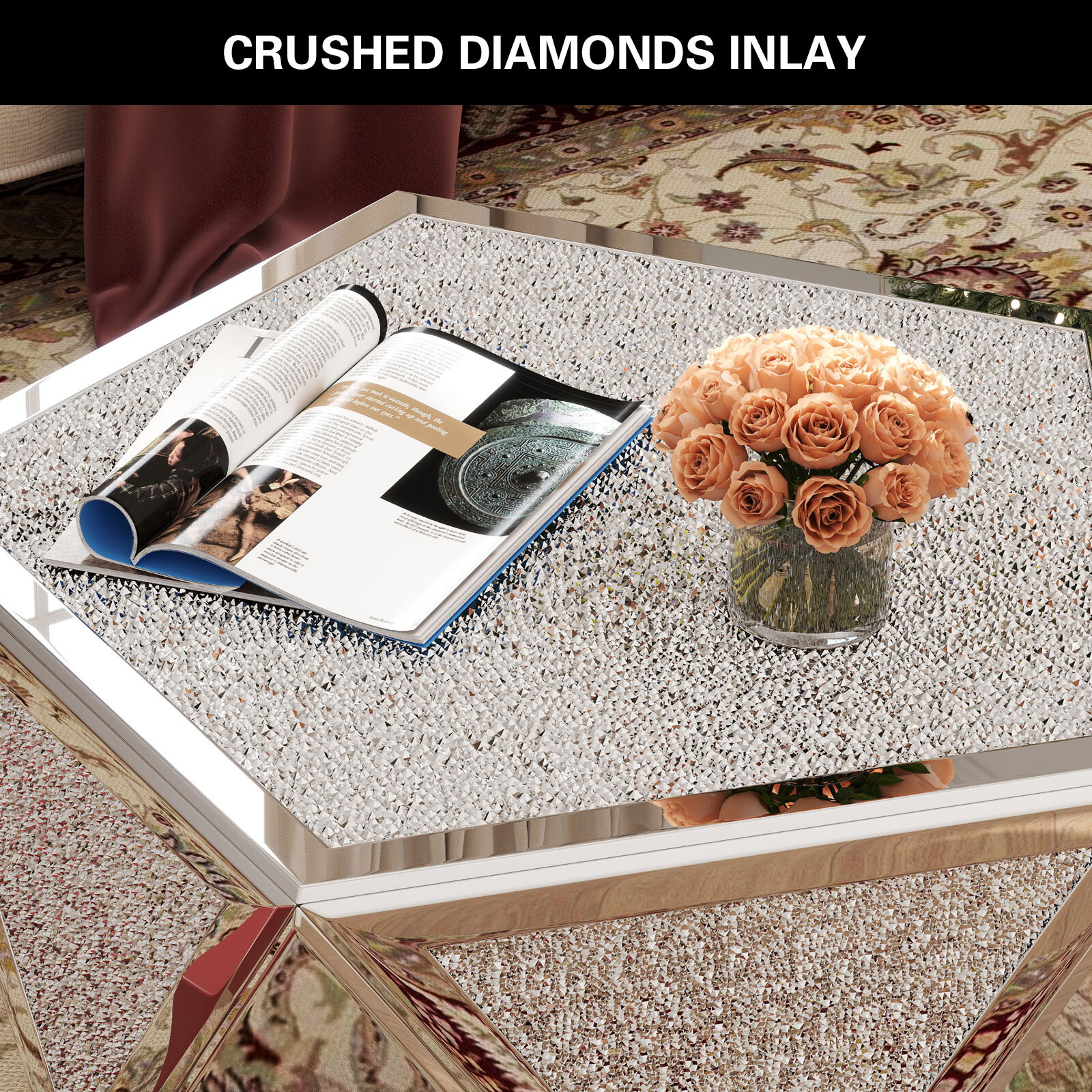 Modern Pentagonal Mirrored Coffee Table Crushed Diamond Luxury Home Living Room